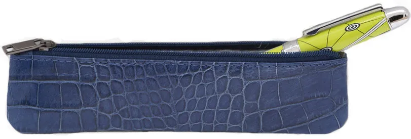 Blue Crocodile Embossed Leather Single Pen Case