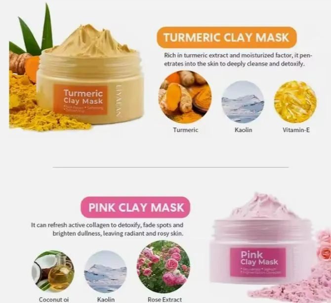 Glow Quartet: Pink, Turmeric, Activated Charcoal & Green Matcha Face Clay Mask Set (Pack of 4, 50g Each)