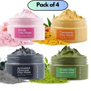 Glow Quartet: Pink, Turmeric, Activated Charcoal & Green Matcha Face Clay Mask Set (Pack of 4, 50g Each)