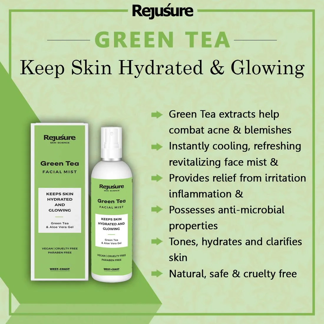 Rejusure Green Tea Facemist – Keeps Skin Hydrated & Glowing – 100ml (Pack of 3)