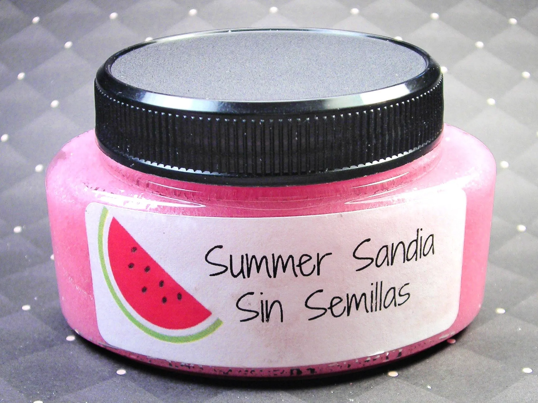 Summer sandia sin semillas body sugar scrub with a watermelon wedge soap embed part of our Latina line